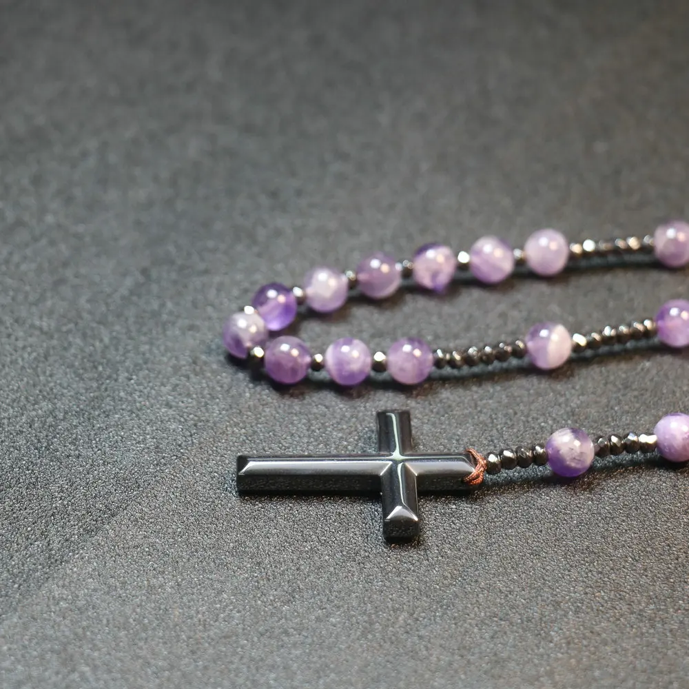 Natural Amethyst String Beads Necklace For Women Catholic Christ Rosary Necklaces Men Hematite Crosses Pendant Necklace Jewelry