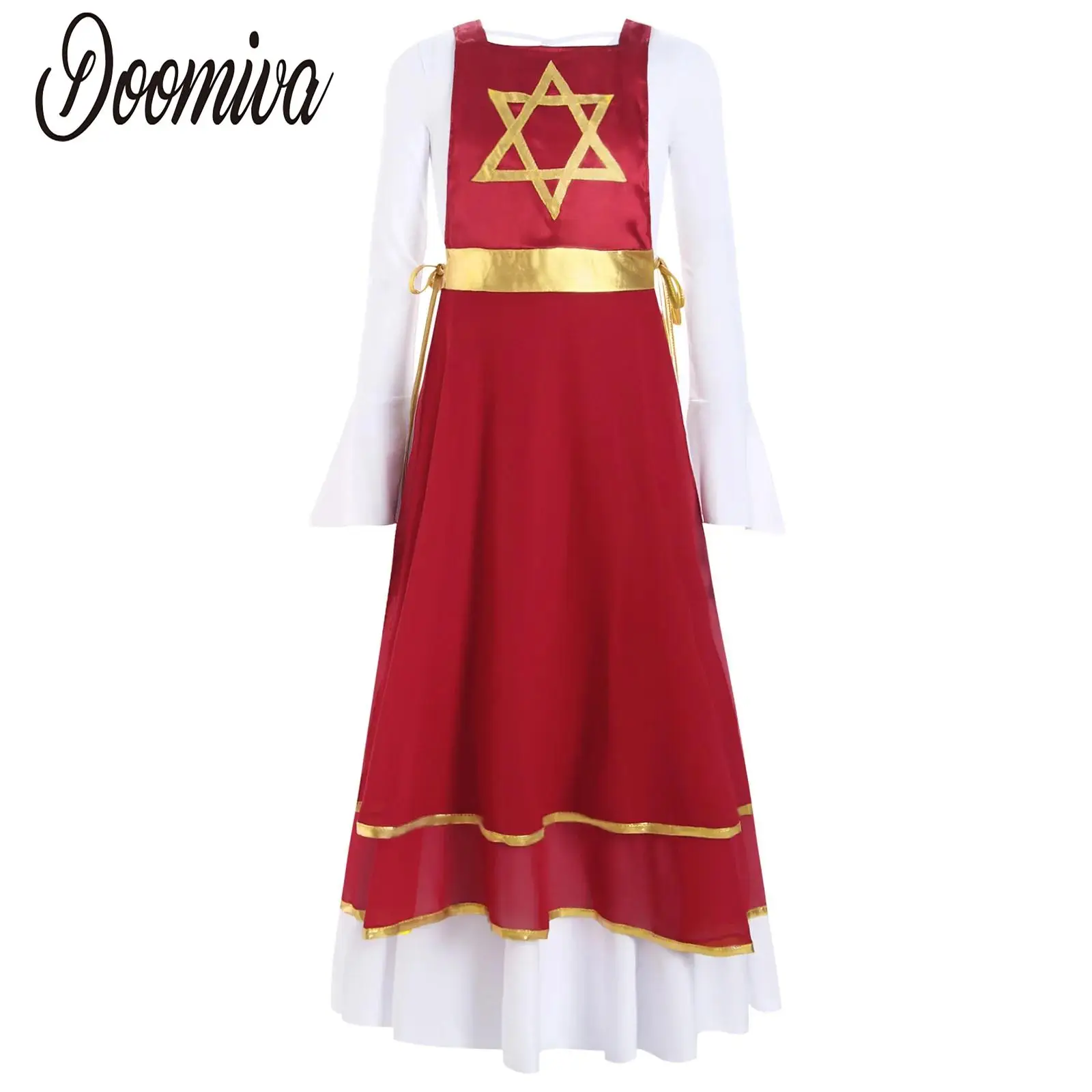 

Girls Liturgical Praise Lyrical Dance Dress Outfit Church Choir Worship Dancewear Long Sleeve Maxi Dress Lace-Up Side Split Robe