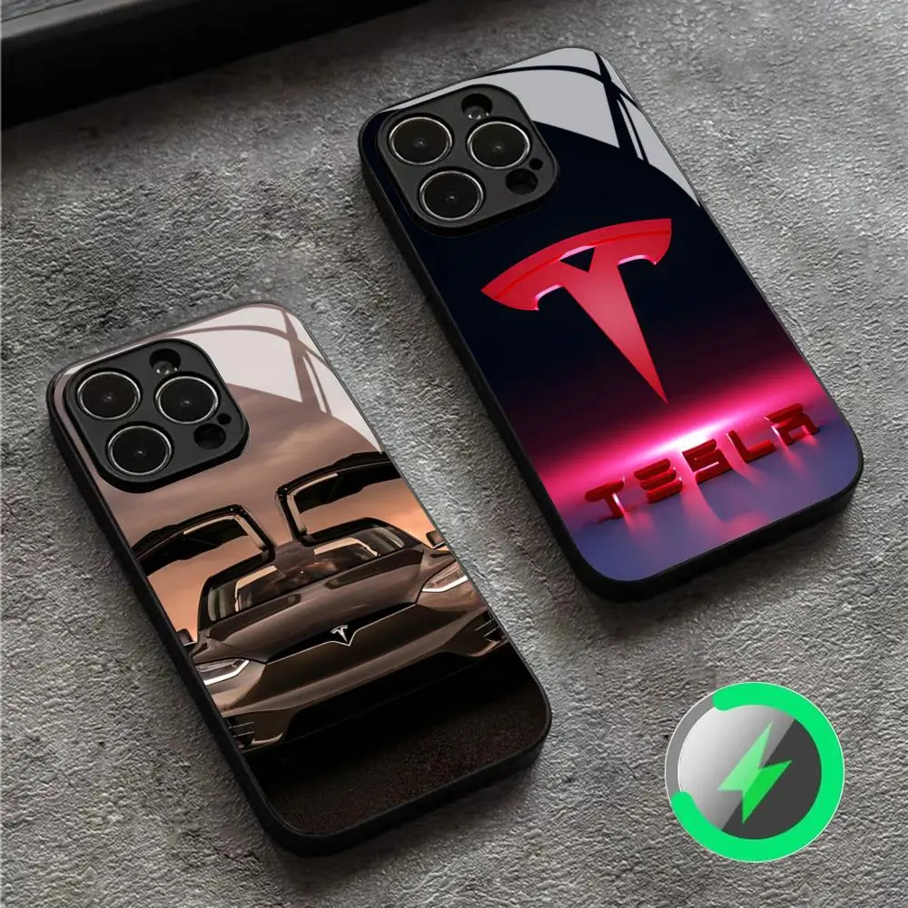 T-TeslaS Car Logo Phone Case For Iphone 16 15 14 12 11 13 Pro Max Mini X Xr Xs Se 8 7 Puls Magnetic Attraction Glass