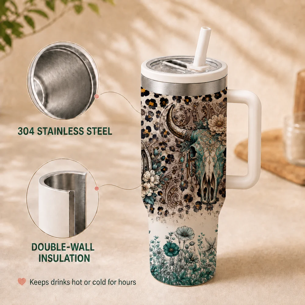 Rural Retro Style Vacuum Flasks 40oz Insulated Stainless Steel Tumbler Leakproof Straw Lid & Grip Handle Travel Cup