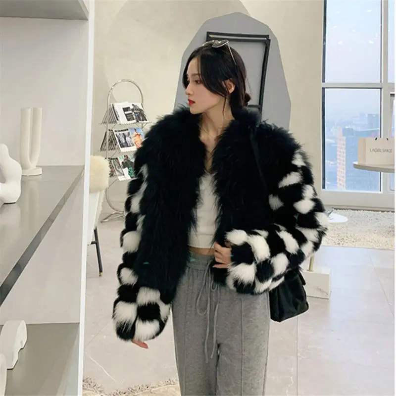 Chic Black and White Checkerboard Imitation Fox Fur Coat Short Contrast Color Checked Mink Fur Bomber Jacket Cardigan Crop Tops