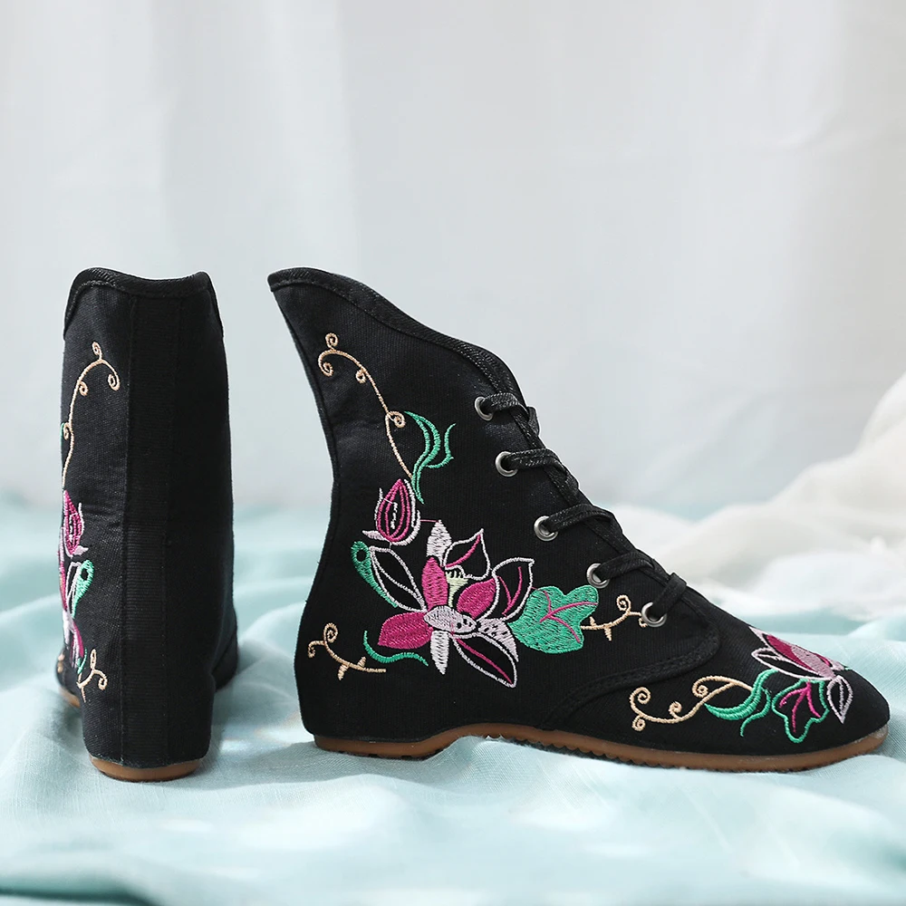 Veowalk New Handmade Flower Embroidered Women\'s Cotton Fabric Ankle Boots Ladies Lace-up Casual Short Booties Shoes Boats Mujer