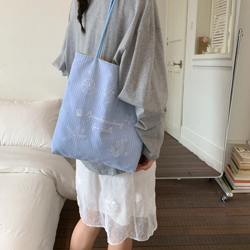 Women's 2026 New Commuter Large Capacity Tote Bag High Sense Fashion Korean Style Ins Canvas Striped Shoulder Bag