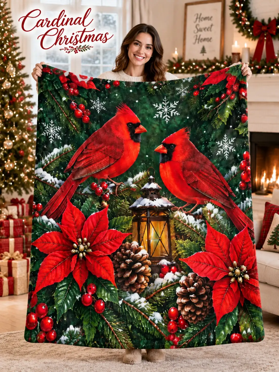 Christmas Flannel Blankets & Throws Cardinals Lantern Snowflakes Bird Lover Gift for Mom Grandma Family Friends Thanksgiving Birthday Sofa Bed Nap Cover Living Room Bedroom Decor Winter Couch Reading Lounging Cabin Guestroom Travel Home Bedding