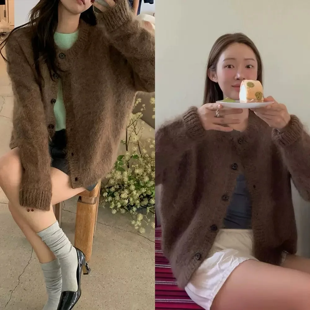 

Furry Camere Knitted round Ne Open Cardigan Women's Loose Fit Long Sve Color Commute Sle Winter New Arrival