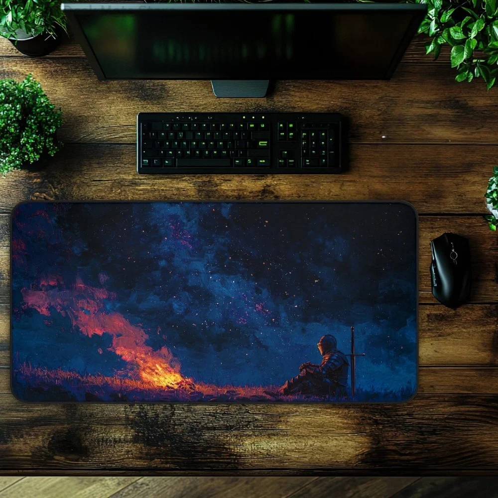 Tapis de bureau Knight at Bonfire, tapis de souris DND, tapis de souris Darks Souls, tapis de souris Fantasy Table Top Cozy Vibes Aesthetic, tapis de souris plus grand