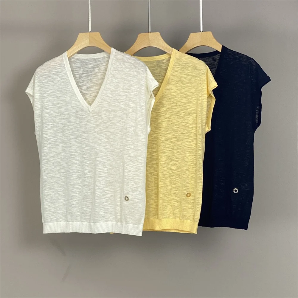 

Women Summer Short-sleeved V-Neck Fashionable Versatile Breathable Knitted T-shirt Top