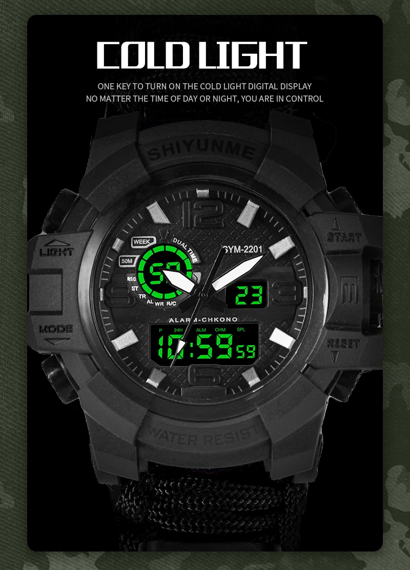 Men Military Sports LED Digital Watches Compass Outdoor Multi-function Waterproof Men\'s Quartz Watch Relogio Masculino  2201D