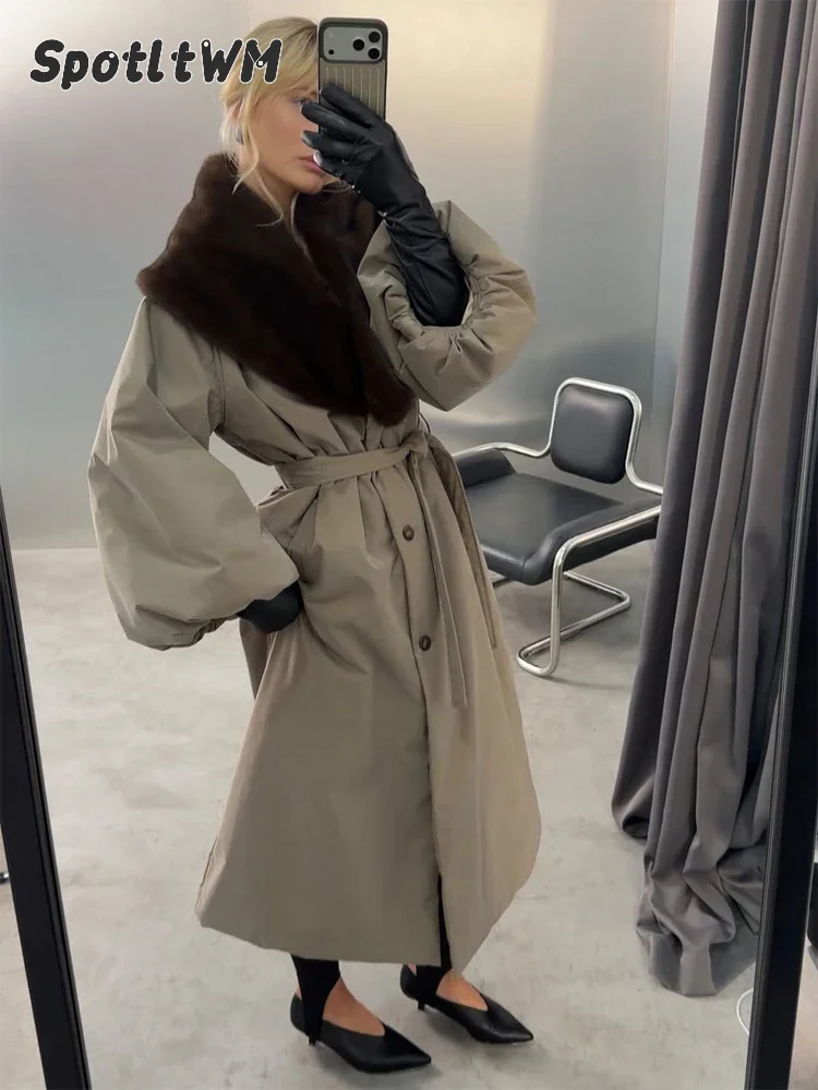 Elegant Women Faux Fur Patchwork Lace Up Long Jacket Fashion V-neck Loose Pocket Long Coats Lady Winter Street Daily Wear 2026