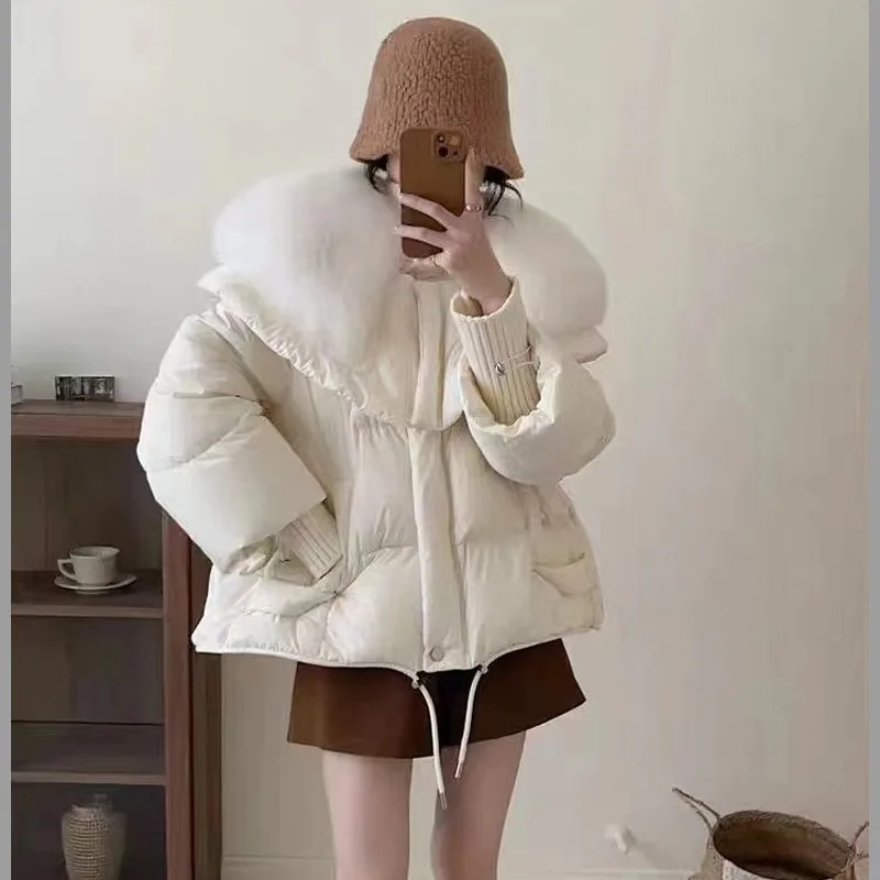 여성용 대형 퍼 칼라 짧은 다운 재킷, 화이트 덕 다운, 두꺼운 따뜻한 파카, 캐주얼 루즈 오버코트, 겨울 코트, 2024 신상