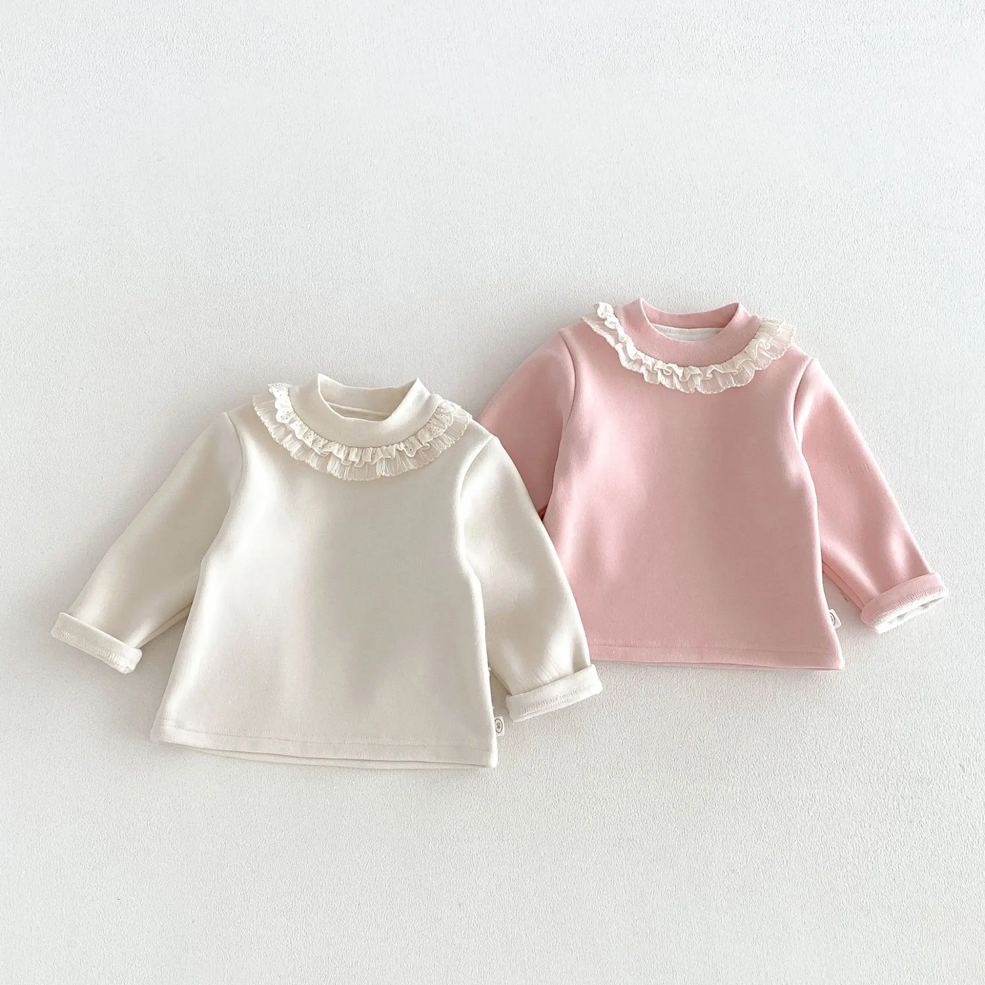 2026 New Winter Girls Lace Trim Fleece-Lined Top | Thick Solid Color Base Layer | Warm Inner Shirt