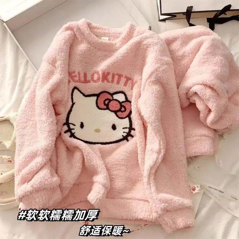 مرحبا كيتي المرجان المخملية منامة سانريو فتاة ملابس المنزل 2 قطعة نمط جديد الخريف والشتاء زائد المخملية سميكة الفانيلا مجموعة ساخنة