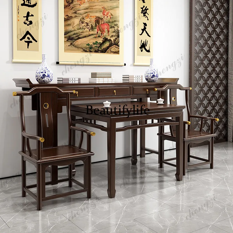 New Chinese-style solid wood middle hall six-piece set for household use, furniture for tables, and warped head tables