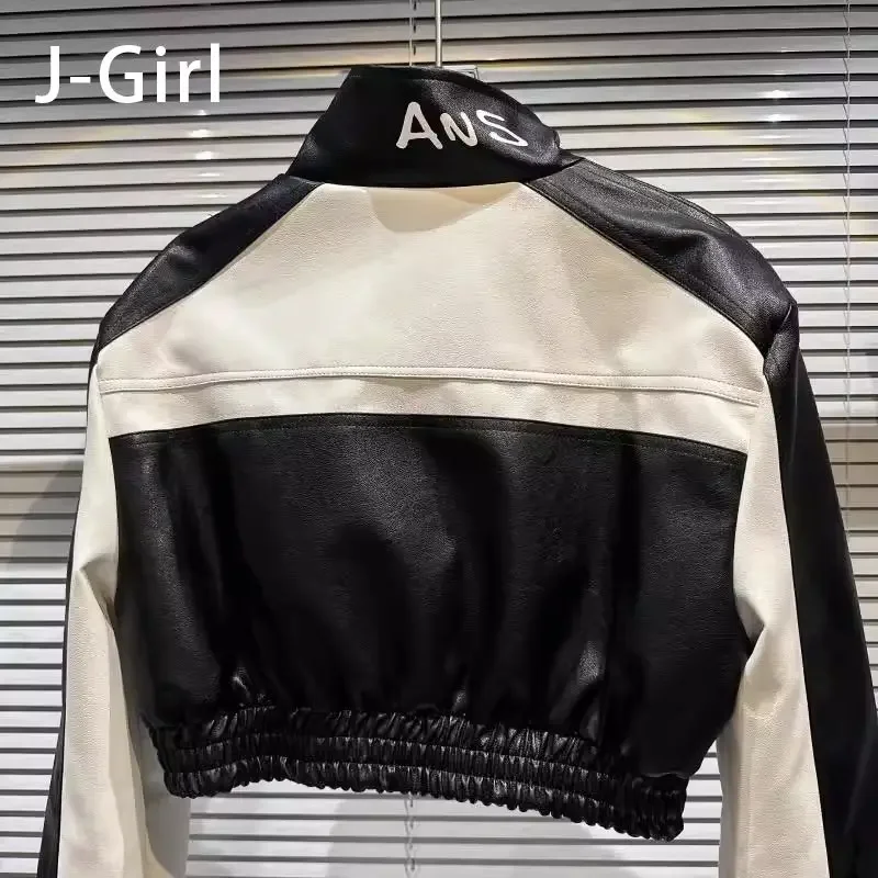 Autumn new explosive street letter printed collar with contrasting color splicing leather jacket jacket coat women  goth  eam