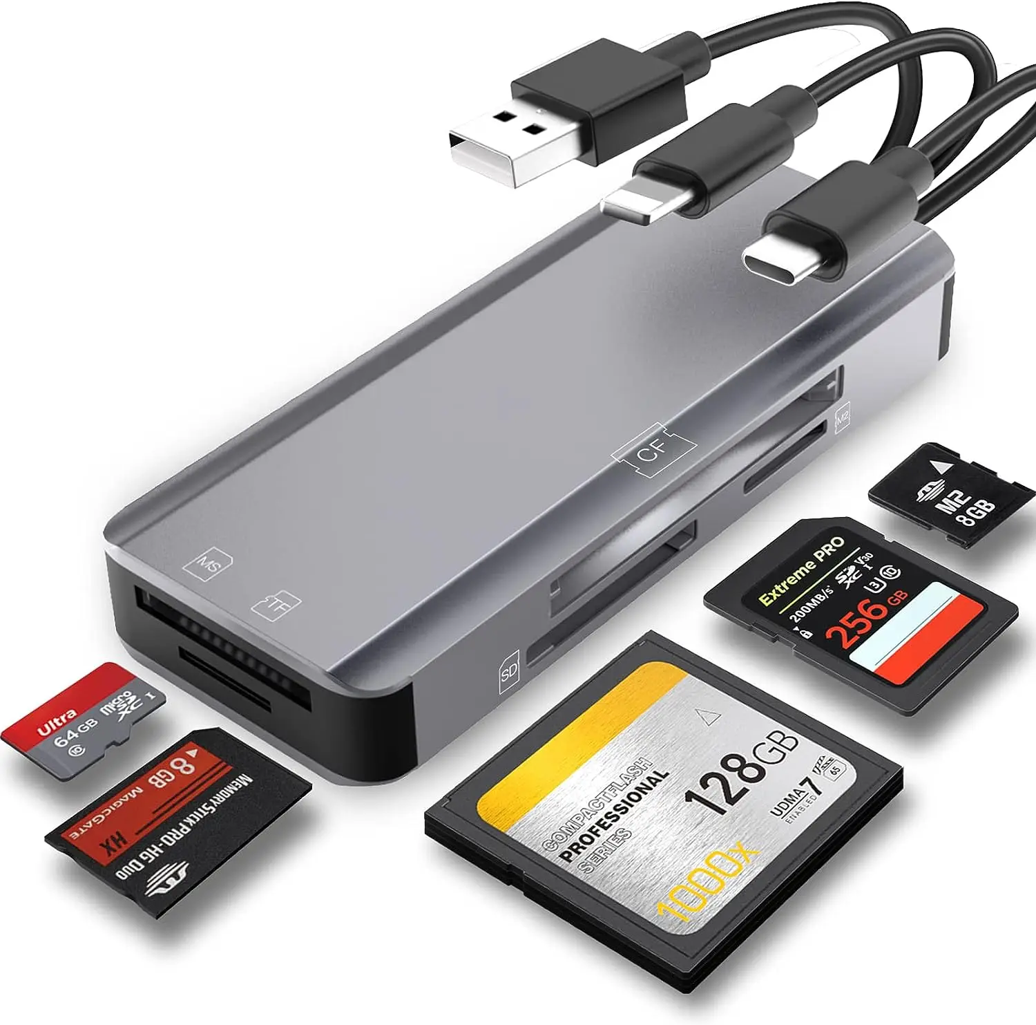 Lector de tarjetas de memoria múltiple 5 en 1, adaptador de aluminio SD/TF/CF/MS/M2/Micro SD para dispositivos iPhone/iPad USB C y USB A, No