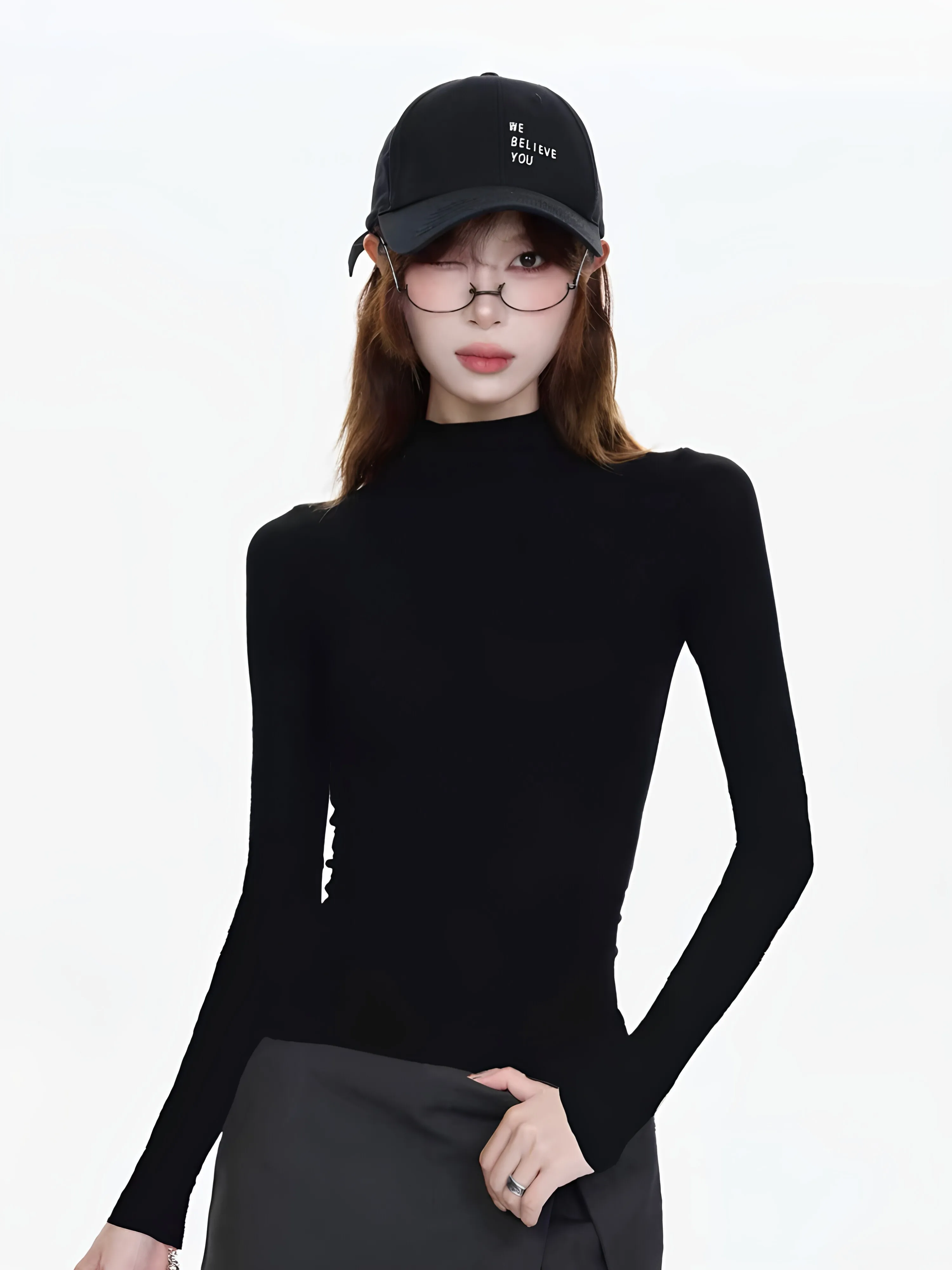 plus Size Women's Fleece Lined Slim Fit Long Sleeve Base Shirt Half High Collar T-Shirt for Office And Casual Wear