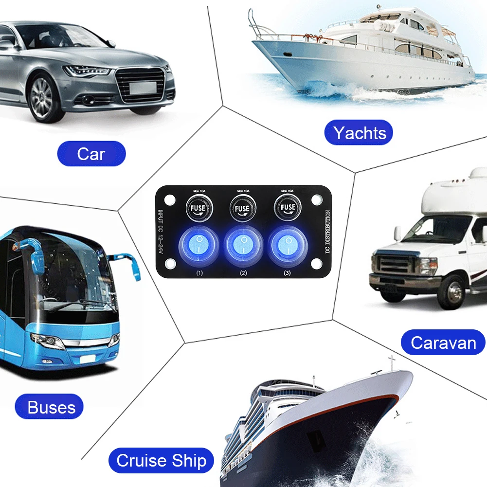 12V-24V LED Marine Boat Rocker Switch Panel 10A Fuse Blade Car Switch Panel Lighter Socket 3 Buttons for Car Marine RV Truck