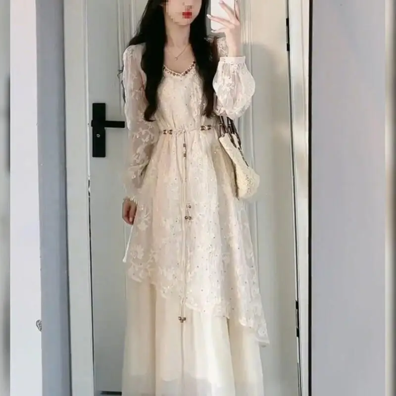 Spring Autumn New Women Wear Fake Two Piece Western Vacation Style Long Sleeve Dressfashiona Comfort Waist Embroidered Longskirt