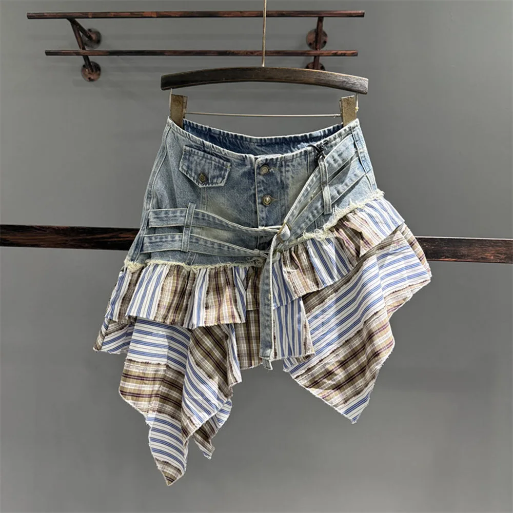 Vintage Splicing Design Woman‘s Denim Skirt High Waist A Line Skirt Summer Fashion Casual Style Short Mini Skirts For Women