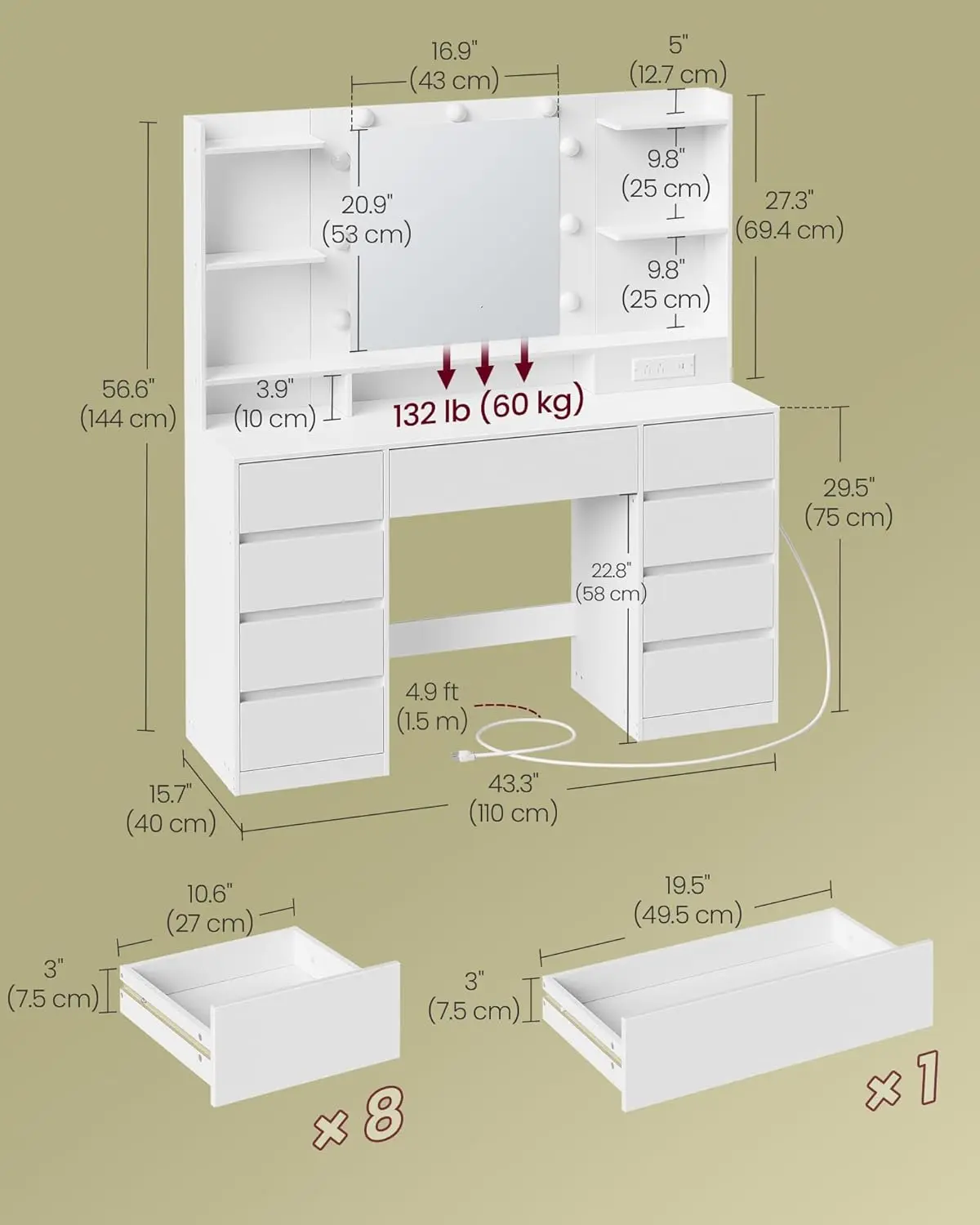 Cloud White Vanity Desk for Bedroom, with Mirror, 9 LED Bulbs, Power Outlets and 9 Drawers