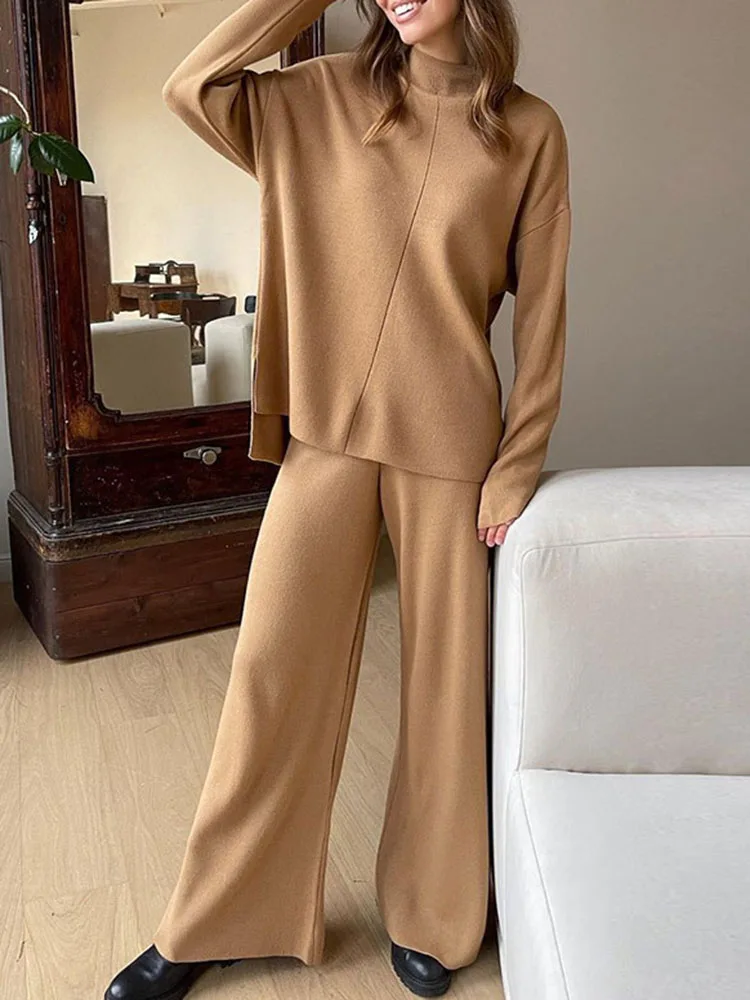 Women Knitted 2 Pieces Sets Korean Knitwear Turtleneck Pullover Tops Conjuntos Loose High Waist Wide Leg Sweatpants Tracksuit