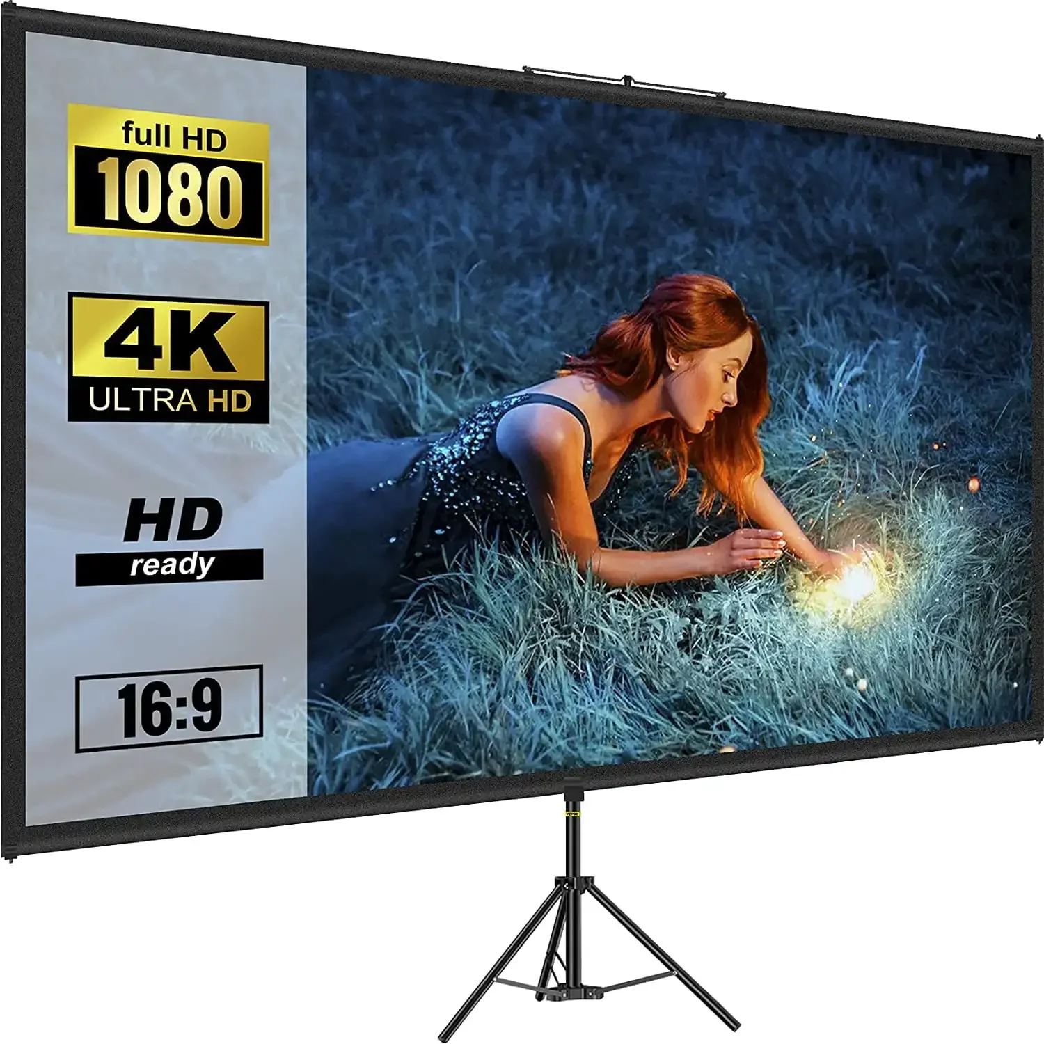 Tripod Projector Screen with Stand 80 inch 16:9 4K HD Projection Screen Stand Wrinkle-Free Height Adjustable Portable