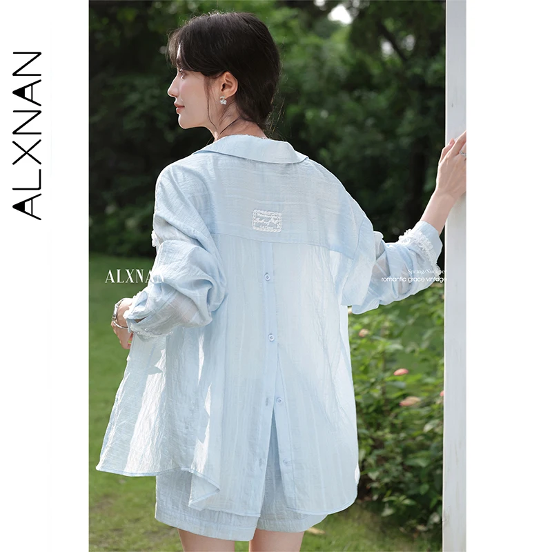 ALXNAN เสื้อสีฟ้าบางป้องกันแสงแดดหลวม Fit เสื้อแขนยาวฤดูร้อน Elegant Holiday Beach เสื้อลําลองสุภาพสตรี L56650