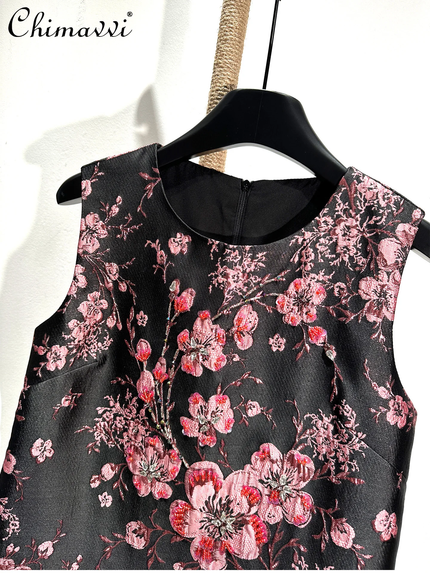 Exquisito Jacquard pesado rebordear cintura suelta A-Line vestido de gama alta sin mangas ajustado Vintage vestidos mujeres 2026 primavera nuevo