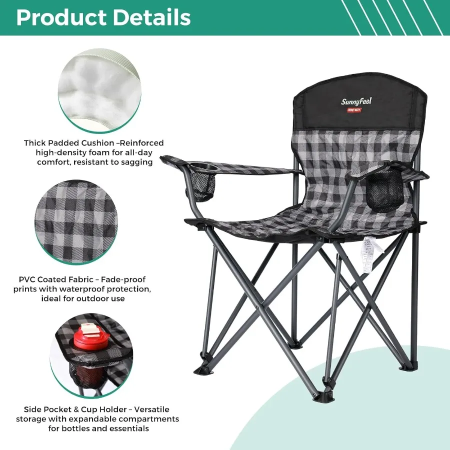 كرسي تخييم كبير الحجم قابل للطي 2 حزمة 800 رطل شديد التحمل للأشخاص الكبار الطويلين كراسي محمولة قابلة للطي مبطنة باللون الأحمر مع أذرع #4