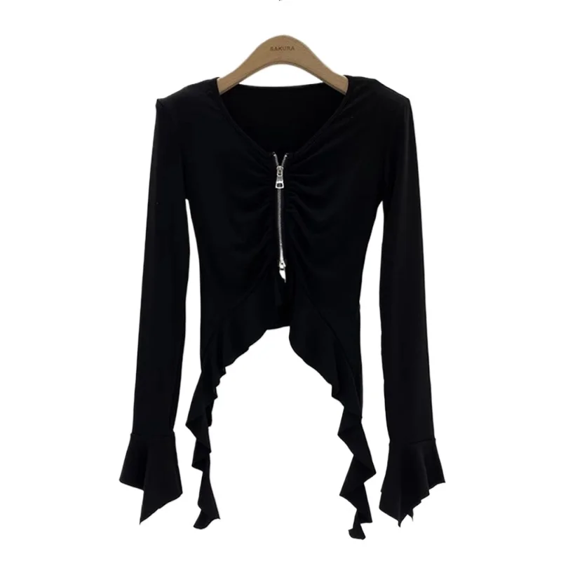Korean Version of Slim Design Sense Irregular V-neck Long-sleeved T-shirt Women's New Slimming Short Top Trendy Exquisite Simple