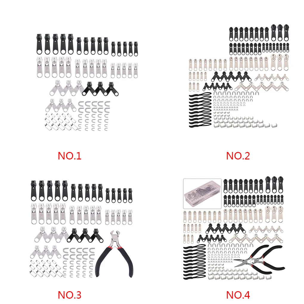 84/194 pz/borsa Kit di riparazione con cerniera cursore con cerniera cerniere universali borsa per vestiti tenda piatta + pinza per fissaggio finale