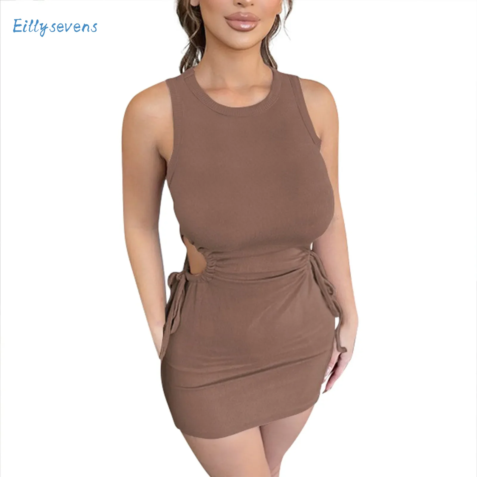 Ladies Sexy Tight Dress Casual Fashion Solid Hip Covering Hollow Waist Dress Daily Date Elegant Comfy Drawstring Waist  Dress