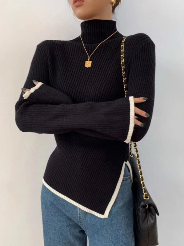 Deeptown Elegant Turtleneck Sweater Women Korean Old Money Style Slim Contrast Color Jumper Autumn Winter Casual Knitwear Tops