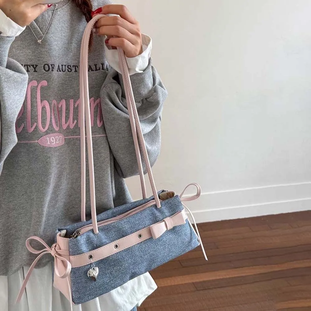 

Sweet French Stick Handbag Ribbon Large Capacity Bow PU Shoulder Bag Waterproof Contrast Color Denim Underarm Bags Travel