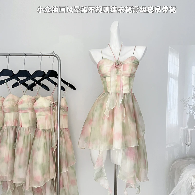 

Vintage Irregular Ruffles Sling Dress Women 2024 Summer New Holiday Style Sexy Off-shoulder Slim Sleeveless Dress