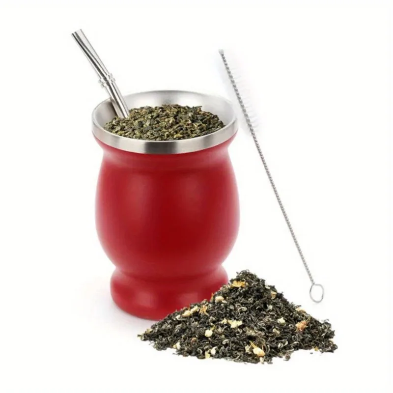 1Set Double-Wall Stainless Tea Set Water Mate Tea Cup 8 Ounces Stainless Steel with Spoon Straw Cleaning Brush Gourd Cup - view 7