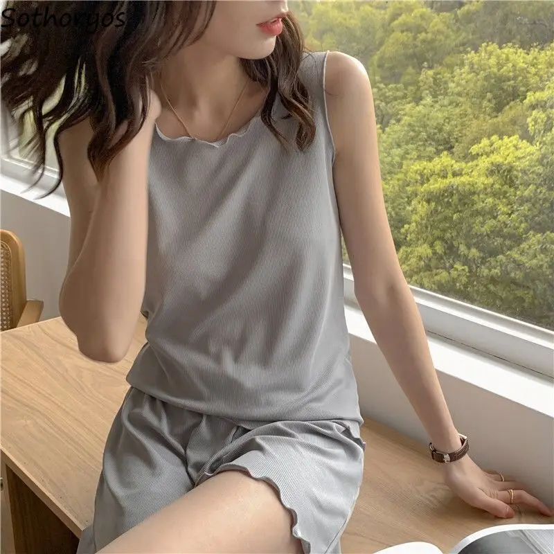 

Sleeveless Pajama Sets Women Simple Baggy Home Breathable Ulzzang Soft Casual All-match Summer Harajuku College Girls Loungewear
