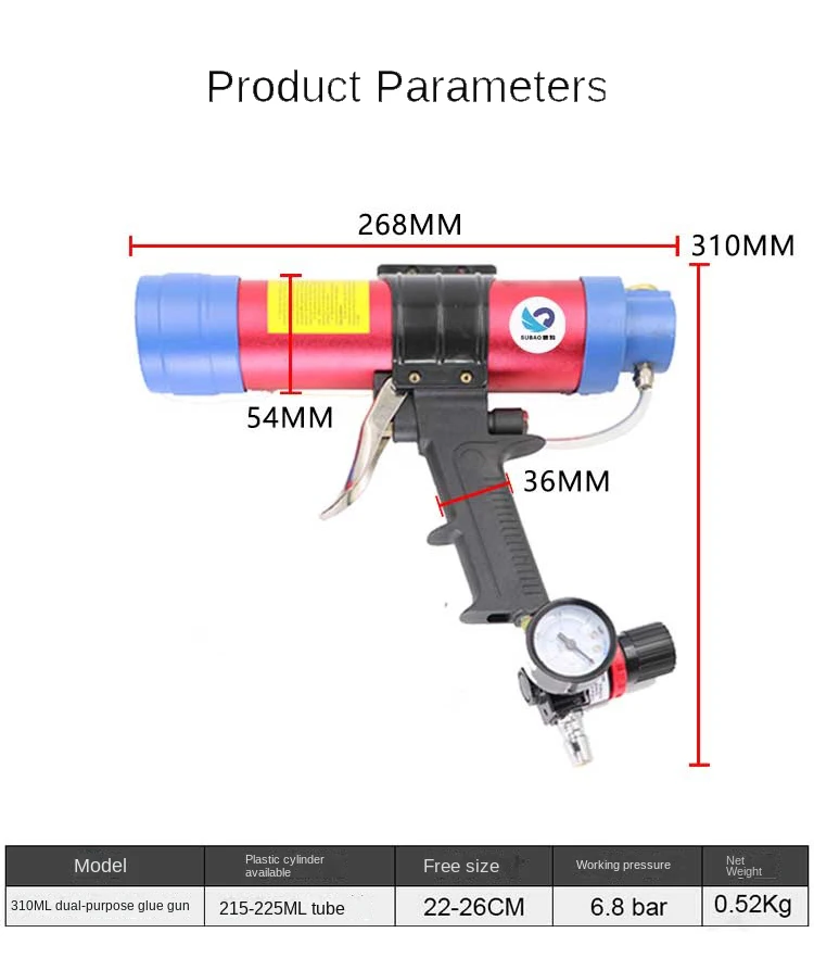 Subao 310ml macio e duro pistola de cola de vidro pneumático de velocidade ajustável pistola de cola estrutural