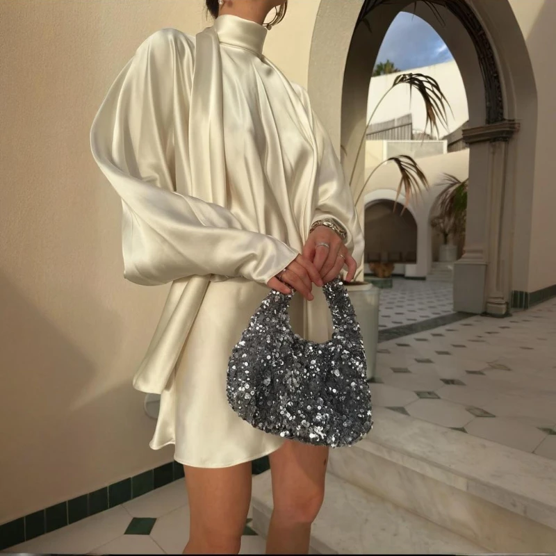 TARUXY Satin Lace-Up Wrinkles Dress Women's Fashion Sexy Crew Neck Loose Long Sleeves Solid Splicing Summer Short Dress Female