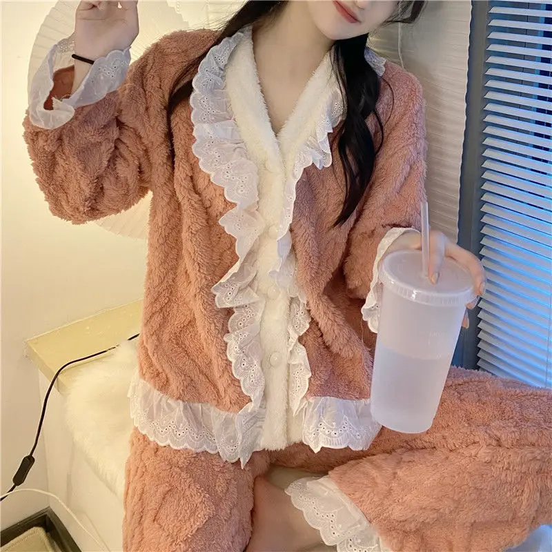 Spitze Frauen Pyjama Set Winter Nachtwäsche Fleece Samt 2 Stück Hose Home Anzug Schlaf flauschige koreanische feste Piiama warme Nachtwäsche