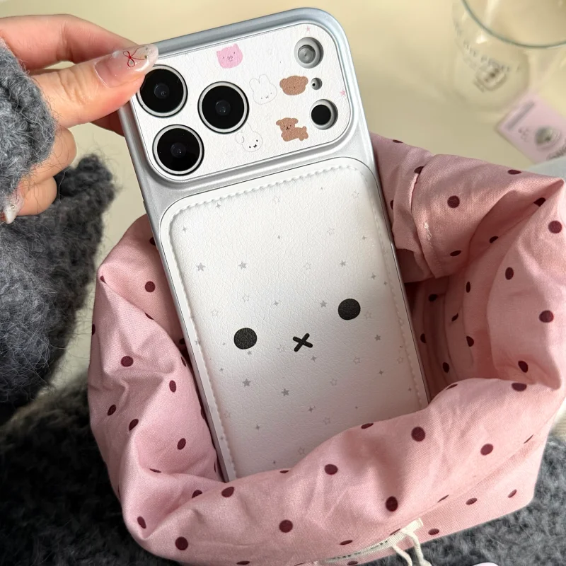 

Luxury embossed Cute Star Miffy leather Phone Case For iPhone 16 15 14 13 17 Pro Max cartoon Bear Miffy Wrist Strap Cover ﻿﻿﻿
