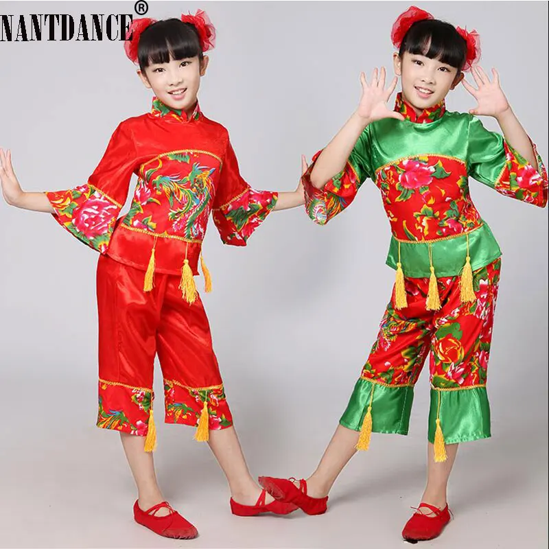 New Year Red Hanfu children\'s Girls Traditional Suit National Younger Style Clothing Fan Yangko Stage Dancing Clothes Costumes