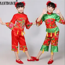 New Year Red Hanfu children's Girls Traditional Suit National Younger Style Clothing Fan Yangko Stage Dancing Clothes Costumes