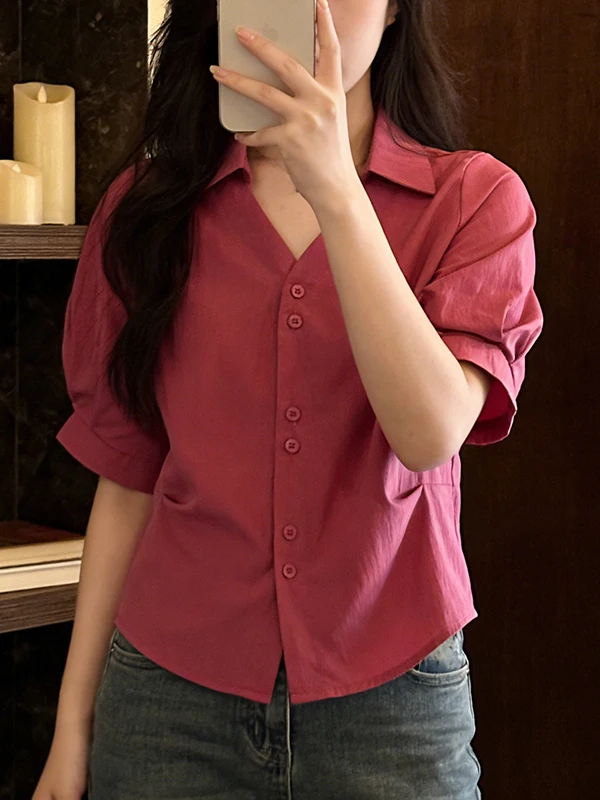 

Fashionable plus Size Short Sleeve V-Neck Shirt Women's Pink Summer Top Elegant Korean Style Commute Wind Loose Fit Regular L...