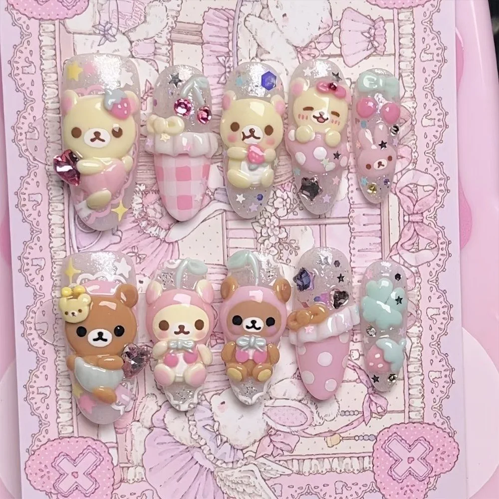 Niedliche Retro Japanische Rilakkuma Rosa Kaninchen Mandel Künstliche Nägel 3D Schleife Stern Katzenpfote Erdbeere Aufklebenägel Handaccessoires – Detail 22