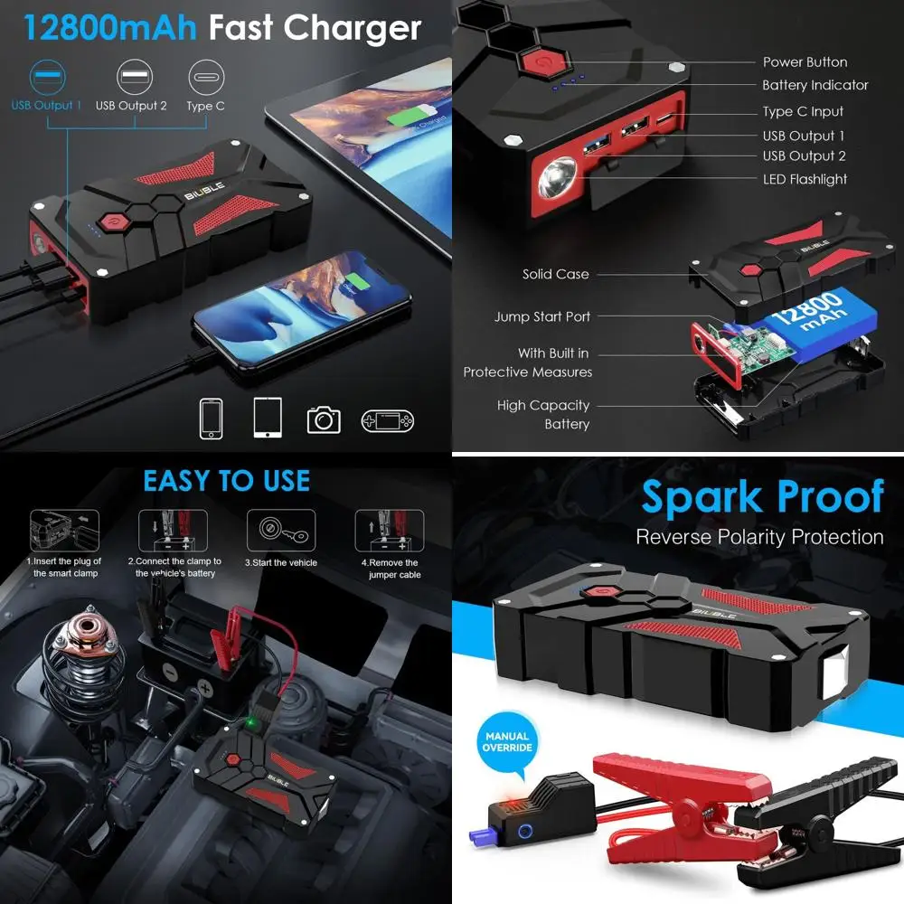 

Стартер для прыжков Автомобильный усилитель аккумуляторов 5000 А Пик 12 В с быстрой зарядкой USB-C, литиевый блок со светодиодной подсветкой (U)