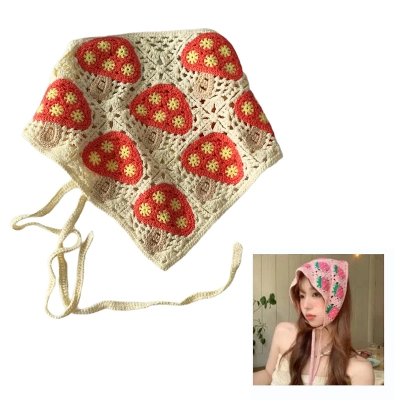 

Lightweight Crochet Mushroom Kerchief Girl Photography Hair Scarf Knitted Hairband for Women Traveling Sunproof Turban