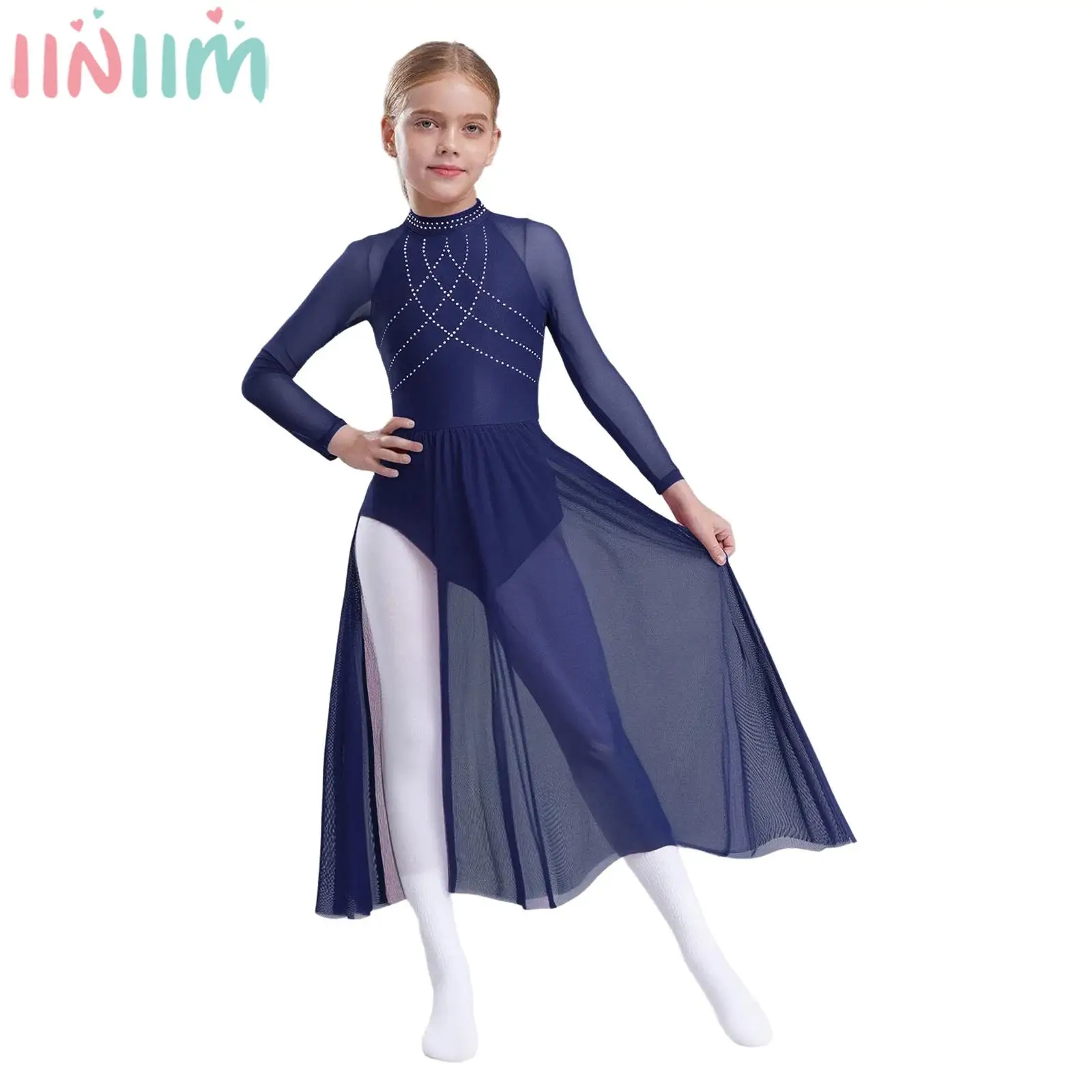 Kids Girls Modern Lyrical Dance Dress Long Sleeve Shiny Rhinestones Sheer Mesh Leotard Dresses for Figure Skating Gymnastics