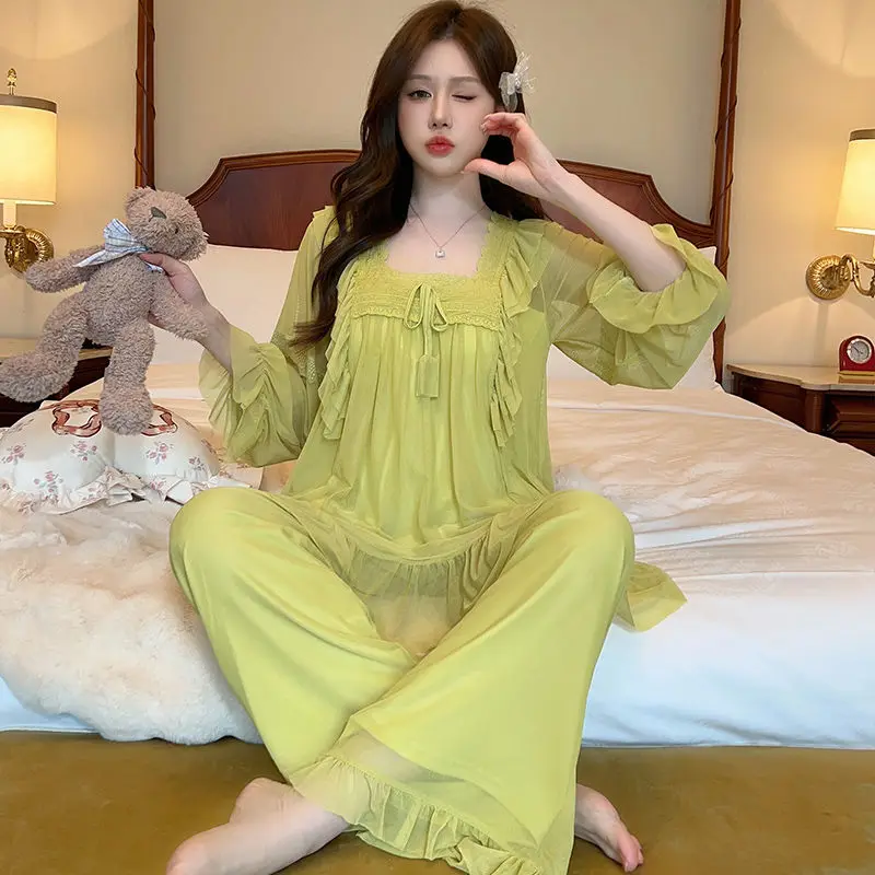 2024 New Style Mesh Pajama Women Spring Summer Thin Model Long Sleeve Lace Princess Wind Chest Cushion Home Suit French Advanced