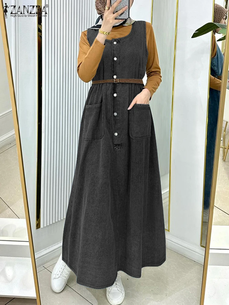 Autumn Overalls Dress ZANZEA Muslim Dubai Turkey Abaya Dress Robe Summer Women Sleeveless Denim Blue Sundress Casual Suspender